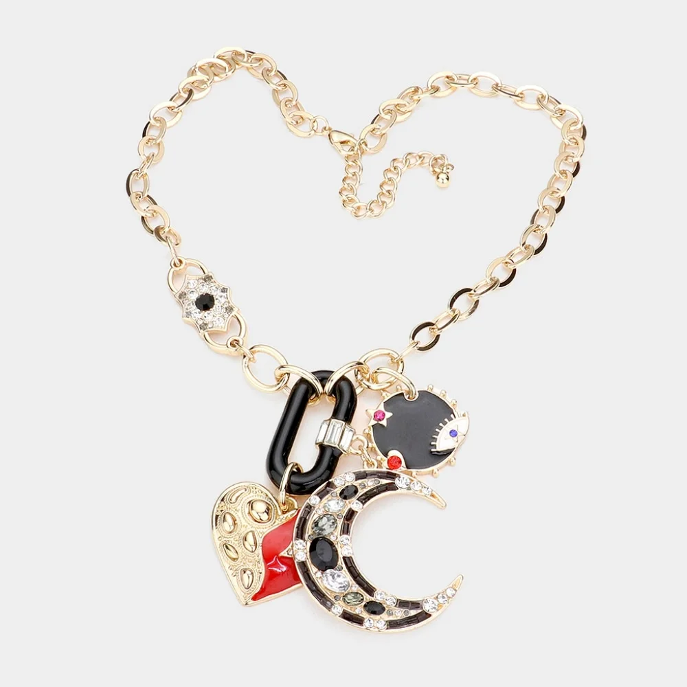 Black Eye Crescent Moon Pendant Necklace Bold Statement Chain Link Charms Set - Picture 2 of 2